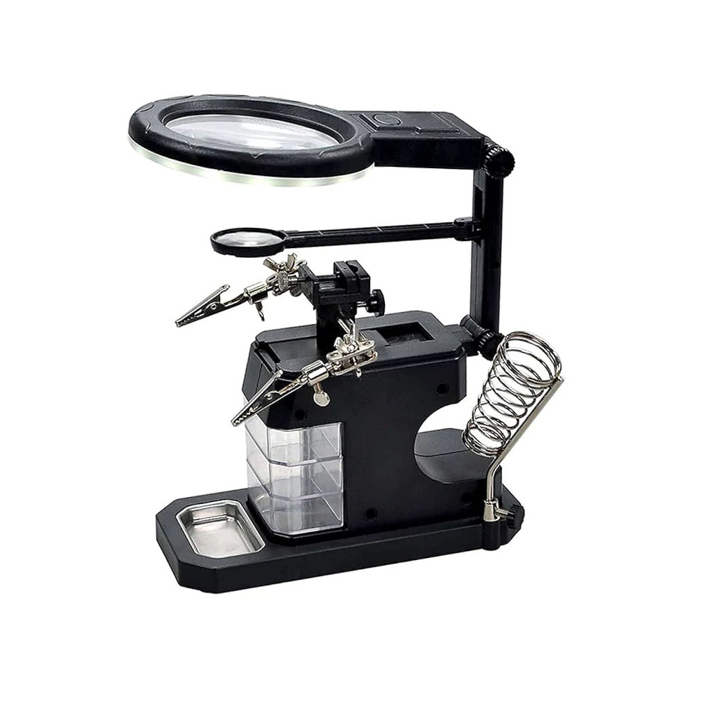 گیره مونتاژ ذره بین دار همراه پایه هویه و جعبه قطعات مدل TE-803